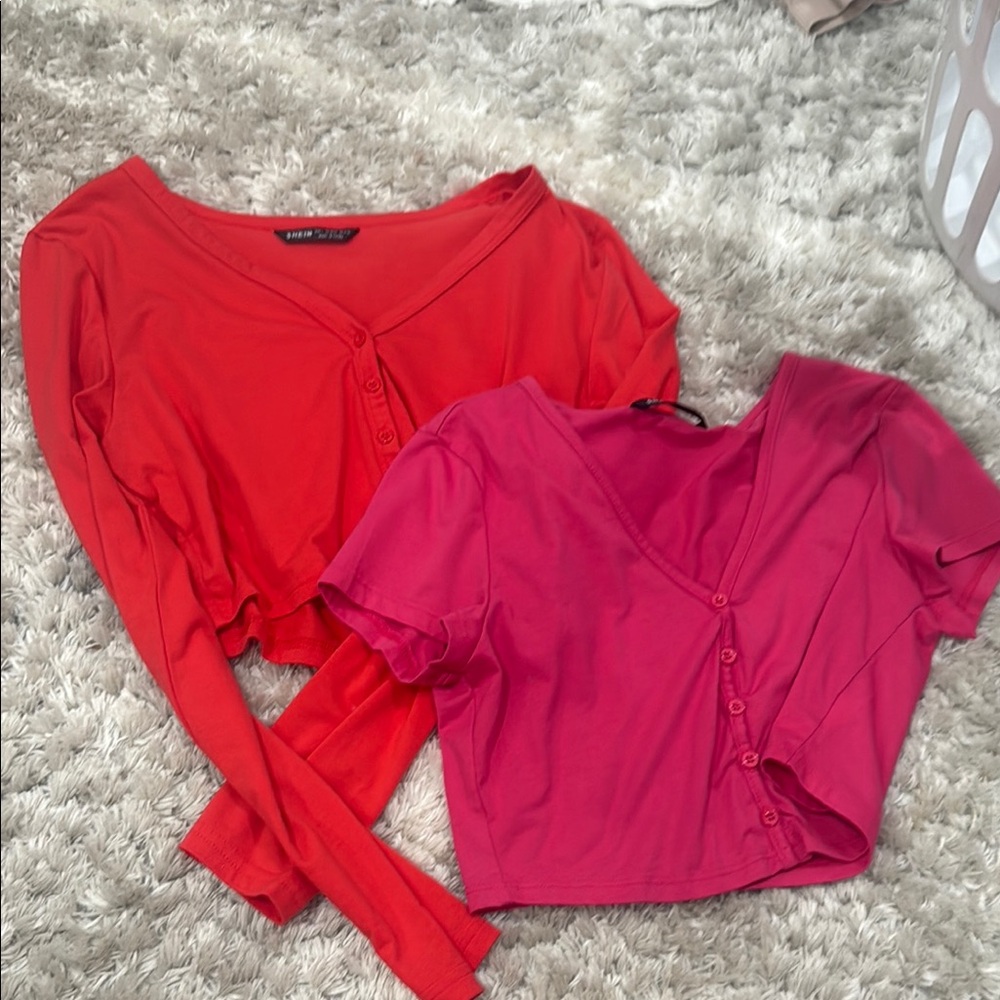 SHEIN Red and Pink Button-Up Blouses